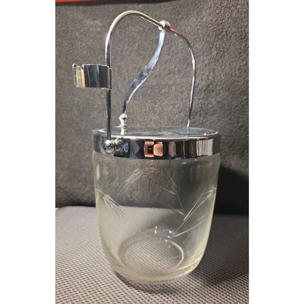 Vntg Mid-Century Ice Bucket Etched Glass Wheat Design Silver Lid